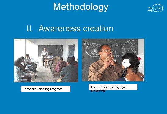 Methodology II. Awareness creation Teachers Training Program Teacher conducting Eye screening 