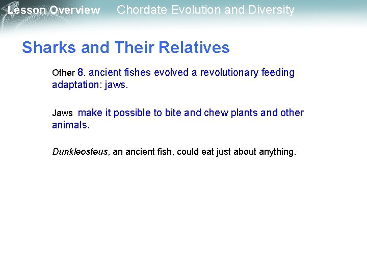 Lesson Overview Chordate Evolution and Diversity Sharks and Their Relatives Other 8. ancient fishes