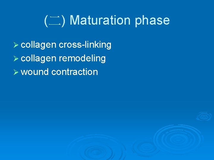 (二) Maturation phase Ø collagen cross-linking Ø collagen remodeling Ø wound contraction (二) Maturation phase Ø collagen cross-linking Ø collagen remodeling Ø wound contraction