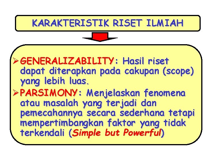 KARAKTERISTIK RISET ILMIAH Ø GENERALIZABILITY: Hasil riset dapat diterapkan pada cakupan (scope) yang lebih