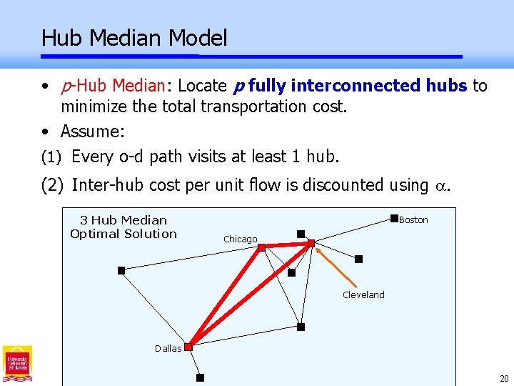 Hub Median Model • p-Hub Median: Locate p fully interconnected hubs to minimize the