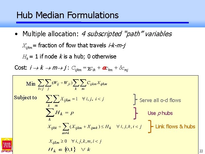 Hub Median Formulations • Multiple allocation: 4 subscripted “path” variables Xijkm= fraction of flow