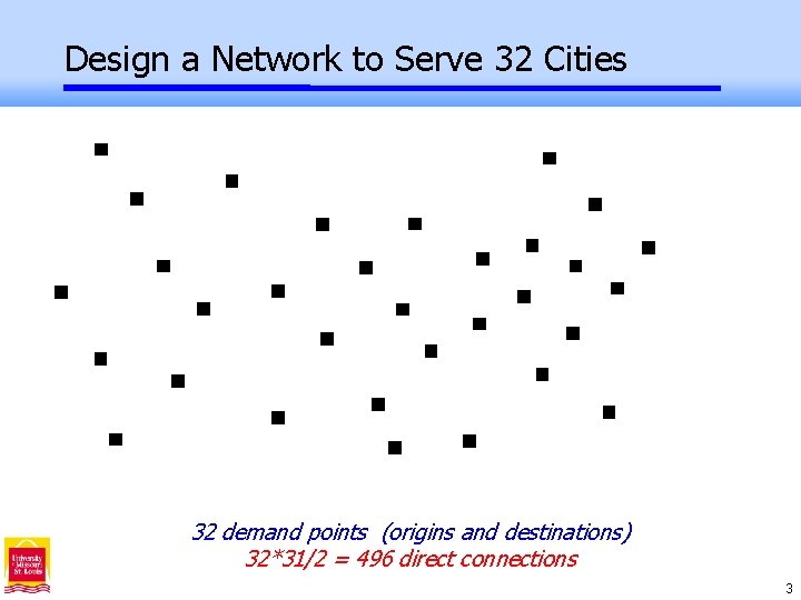 Design a Network to Serve 32 Cities 32 demand points (origins and destinations) 32*31/2