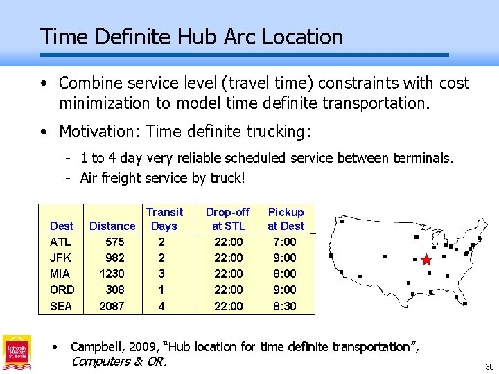 Time Definite Hub Arc Location • Combine service level (travel time) constraints with cost