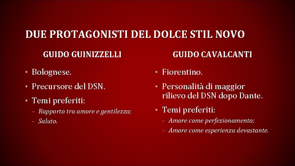 DUE PROTAGONISTI DEL DOLCE STIL NOVO GUIDO GUINIZZELLI GUIDO CAVALCANTI • Bolognese. • Fiorentino.