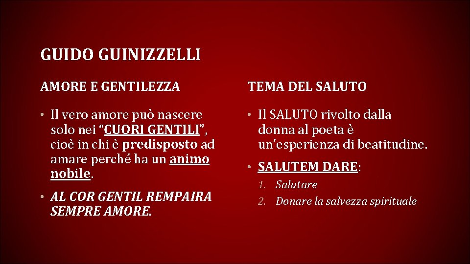 GUIDO GUINIZZELLI AMORE E GENTILEZZA TEMA DEL SALUTO • Il vero amore può nascere