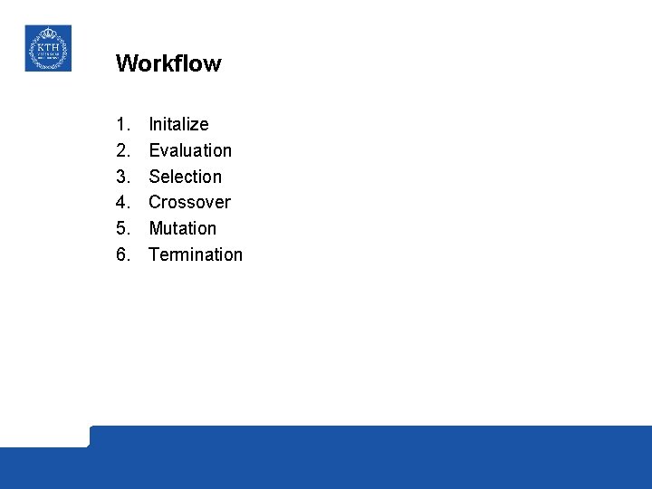 Workflow 1. 2. 3. 4. 5. 6. Initalize Evaluation Selection Crossover Mutation Termination 
