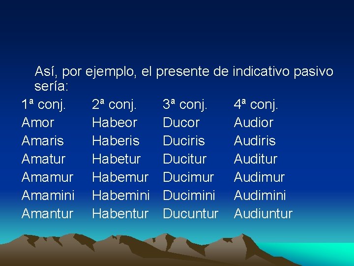 Así, por ejemplo, el presente de indicativo pasivo sería: 1ª conj. 2ª conj. 3ª
