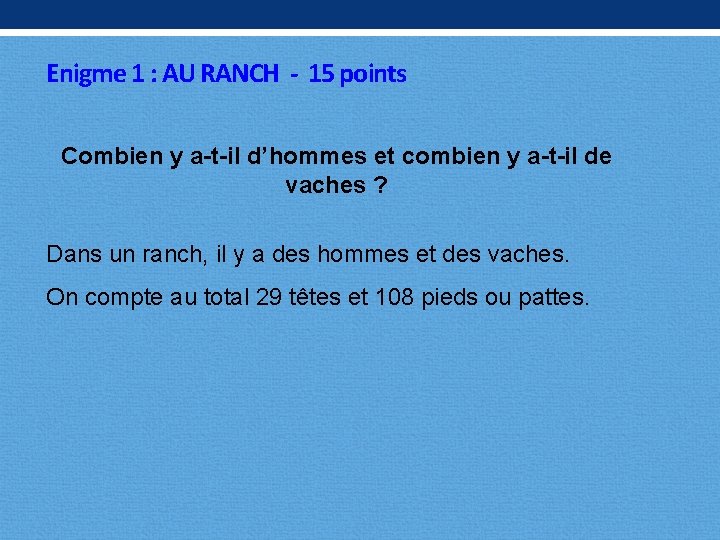 Enigme 1 : AU RANCH - 15 points Combien y a-t-il d’hommes et combien