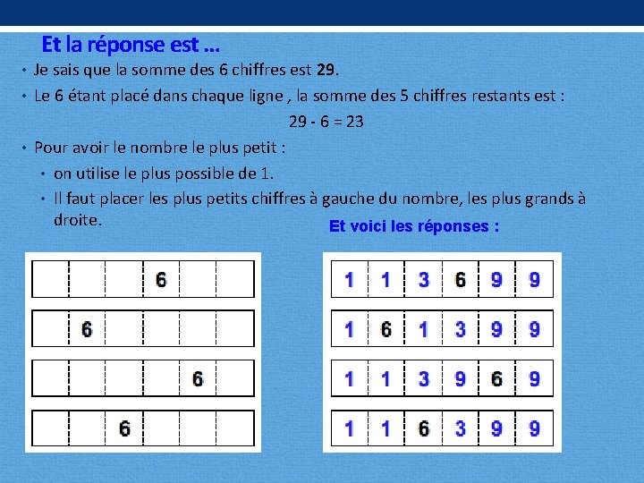 Et la réponse est … • Je sais que la somme des 6 chiffres