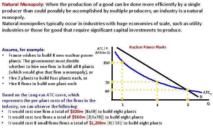 Natural Monopoly: When the production of a good can be done more efficiently by