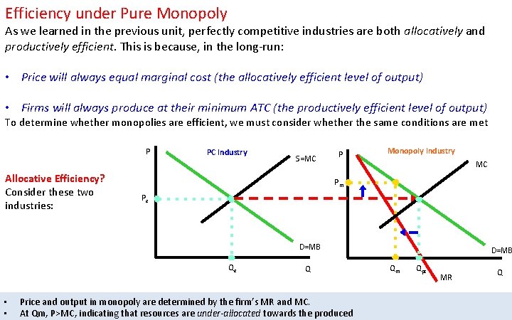 Efficiency under Pure Monopoly As we learned in the previous unit, perfectly competitive industries