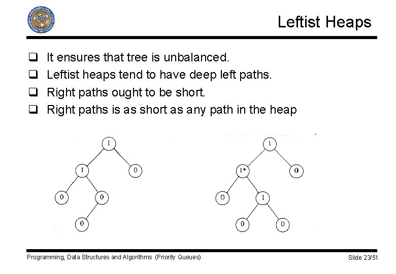 Leftist Heaps q q It ensures that tree is unbalanced. Leftist heaps tend to