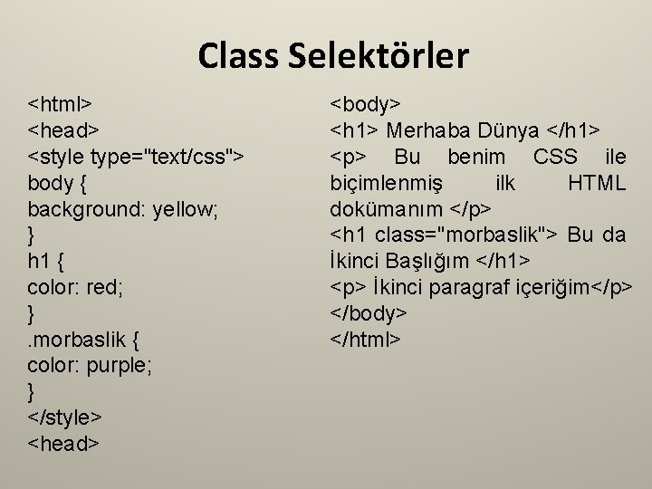 Class Selektörler <html> <head> <style type="text/css"> body { background: yellow; } h 1 {