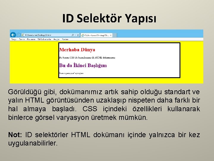 ID Selektör Yapısı Görüldüğü gibi, dokümanımız artık sahip olduğu standart ve yalın HTML görüntüsünden