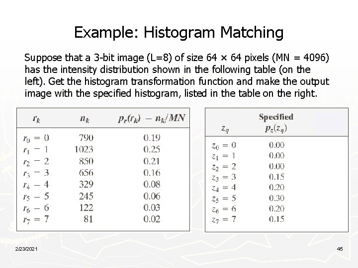 Example: Histogram Matching Suppose that a 3 -bit image (L=8) of size 64 ×