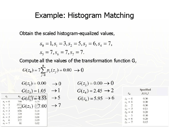 Example: Histogram Matching Obtain the scaled histogram-equalized values, Compute all the values of the