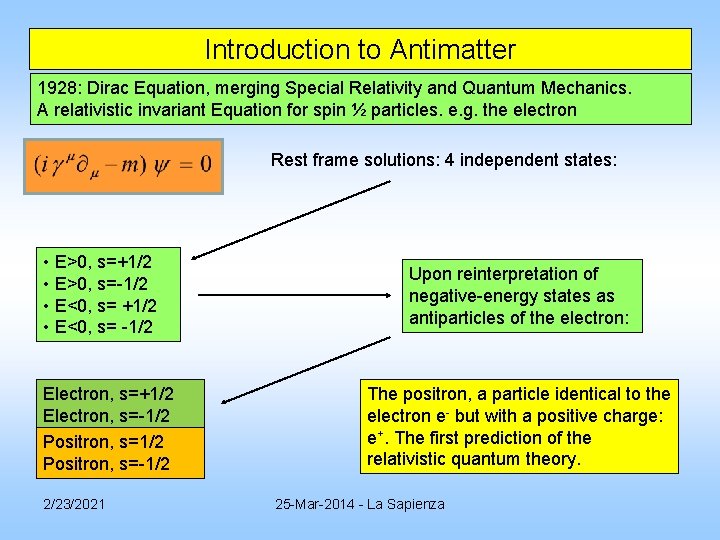 Introduction to Antimatter 1928: Dirac Equation, merging Special Relativity and Quantum Mechanics. A relativistic Introduction to Antimatter 1928: Dirac Equation, merging Special Relativity and Quantum Mechanics. A relativistic