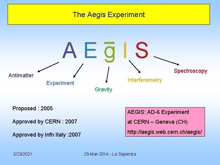 The Aegis Experiment A E g I S Spectroscopy Antimatter Interferometry Experiment Gravity Proposed The Aegis Experiment A E g I S Spectroscopy Antimatter Interferometry Experiment Gravity Proposed