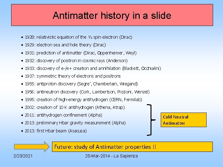 Antimatter history in a slide • 1928: relativistic equation of the ½ spin electron Antimatter history in a slide • 1928: relativistic equation of the ½ spin electron