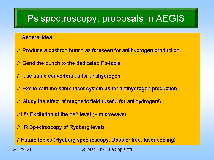 Ps spectroscopy: proposals in AEGIS General idea: ♪ Produce a positron bunch as foreseen Ps spectroscopy: proposals in AEGIS General idea: ♪ Produce a positron bunch as foreseen