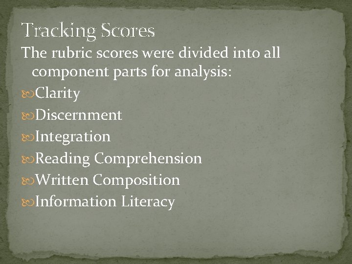 Tracking Scores The rubric scores were divided into all component parts for analysis: Clarity