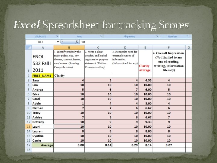 Excel Spreadsheet for tracking Scores 