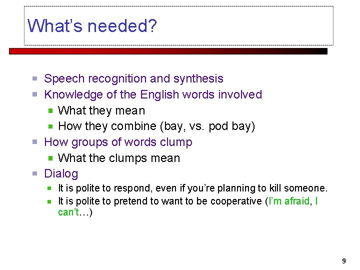 What’s needed? Speech recognition and synthesis Knowledge of the English words involved What they