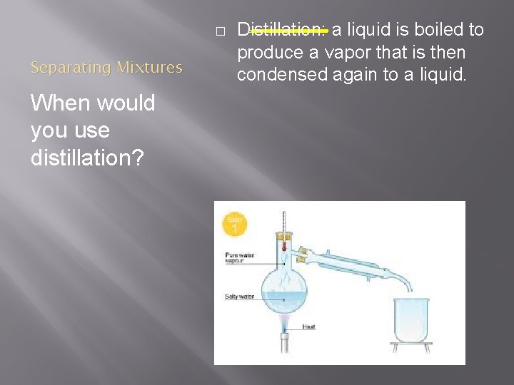 � Separating Mixtures When would you use distillation? Distillation: a liquid is boiled to