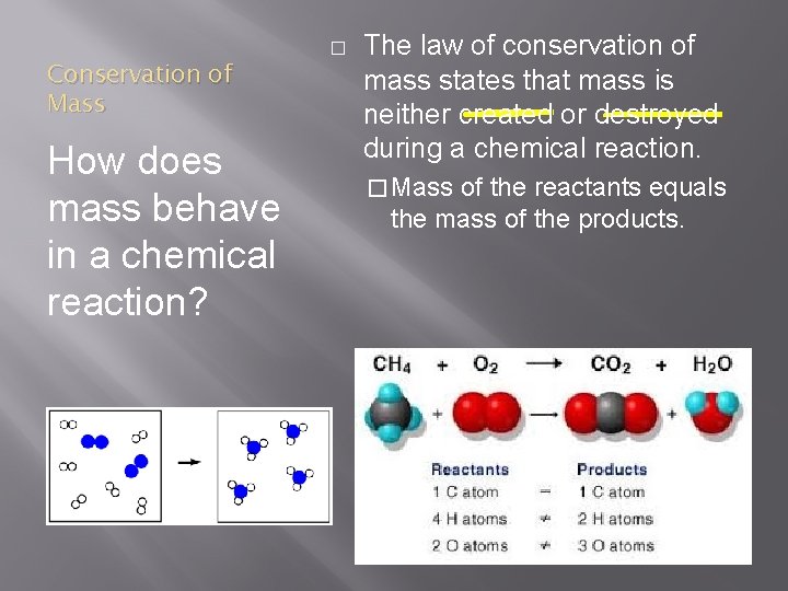 Conservation of Mass How does mass behave in a chemical reaction? � The law