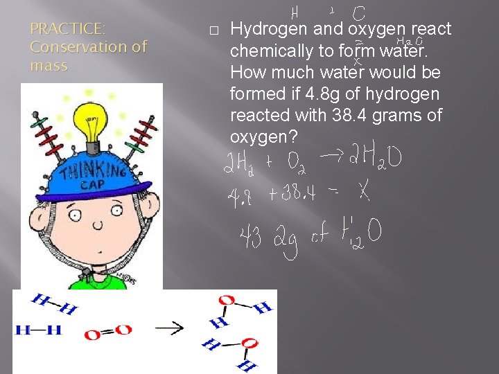 PRACTICE: Conservation of mass � Hydrogen and oxygen react chemically to form water. How
