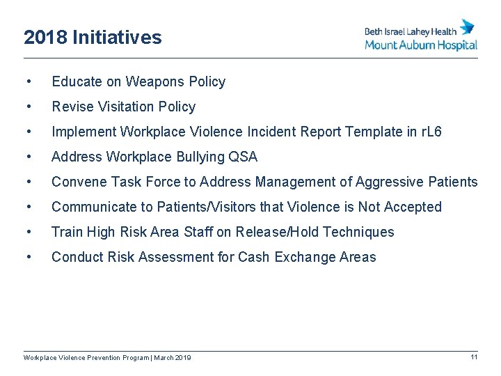 2018 Initiatives • Educate on Weapons Policy • Revise Visitation Policy • Implement Workplace