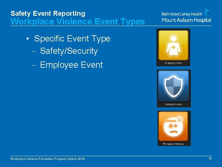 Safety Event Reporting Workplace Violence Event Types • Specific Event Type - Safety/Security -