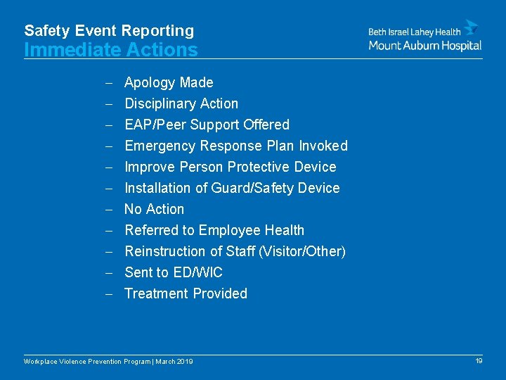 Safety Event Reporting Immediate Actions - Apology Made Disciplinary Action EAP/Peer Support Offered Emergency