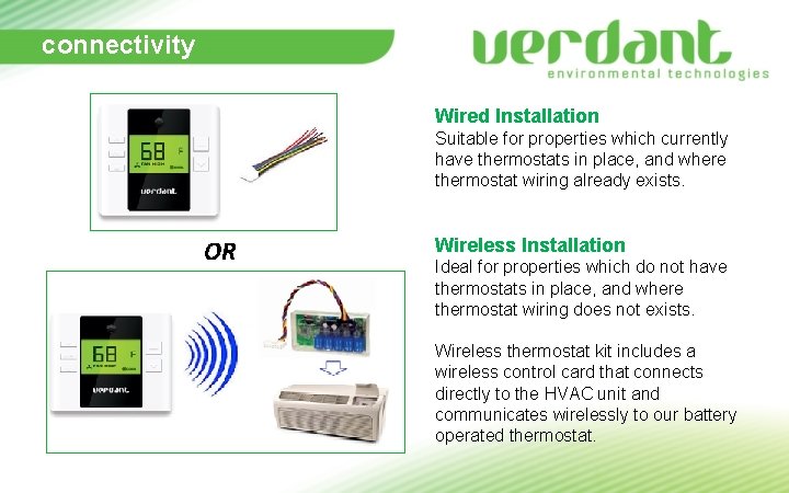 connectivity Wired Installation Suitable for properties which currently have thermostats in place, and where connectivity Wired Installation Suitable for properties which currently have thermostats in place, and where