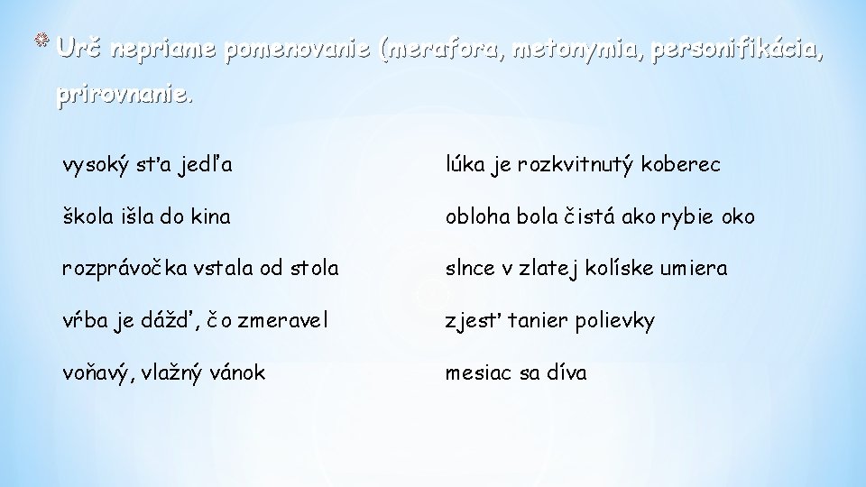 * Urč nepriame pomenovanie (merafora, metonymia, personifikácia, prirovnanie. vysoký sťa jedľa lúka je rozkvitnutý * Urč nepriame pomenovanie (merafora, metonymia, personifikácia, prirovnanie. vysoký sťa jedľa lúka je rozkvitnutý