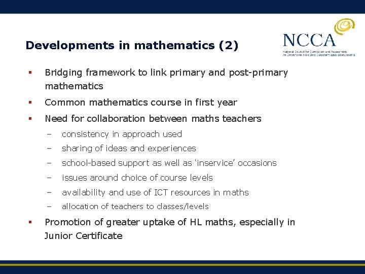 Developments in mathematics (2) § Bridging framework to link primary and post-primary mathematics §