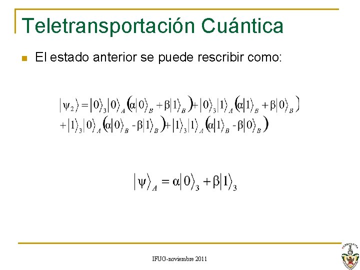 Teletransportación Cuántica n El estado anterior se puede rescribir como: IFUG-noviembre 2011 Teletransportación Cuántica n El estado anterior se puede rescribir como: IFUG-noviembre 2011
