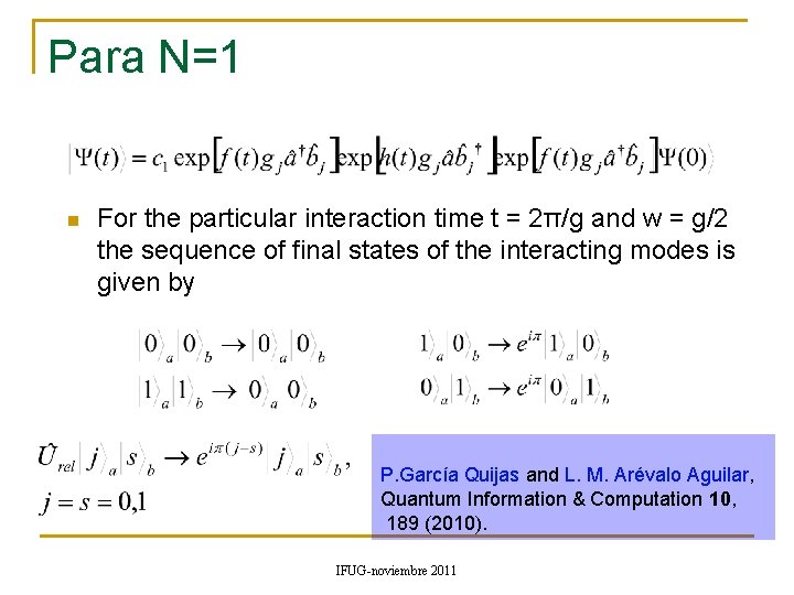 Para N=1 n For the particular interaction time t = 2π/g and w = Para N=1 n For the particular interaction time t = 2π/g and w =