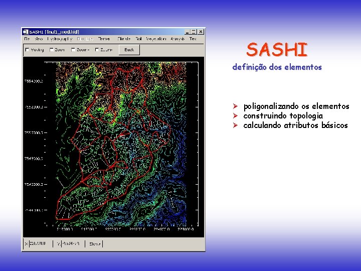 SASHI definição dos elementos Ø poligonalizando os elementos Ø construindo topologia Ø calculando atributos