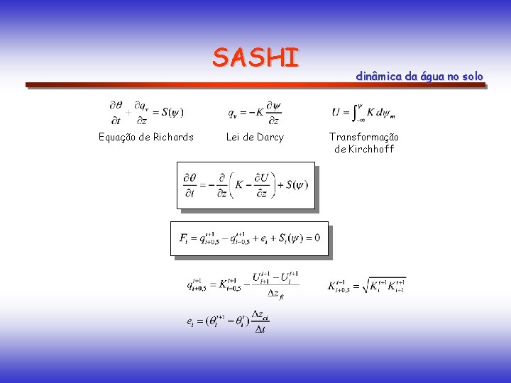 SASHI Equação de Richards Lei de Darcy dinâmica da água no solo Transformação de