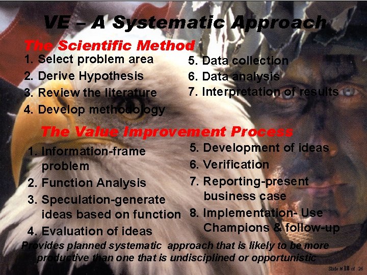VE – A Systematic Approach The Scientific Method 1. Select problem area 2. Derive VE – A Systematic Approach The Scientific Method 1. Select problem area 2. Derive