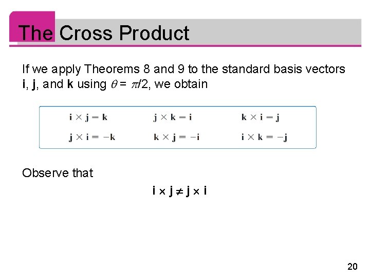 The Cross Product If we apply Theorems 8 and 9 to the standard basis The Cross Product If we apply Theorems 8 and 9 to the standard basis