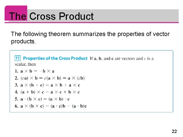 The Cross Product The following theorem summarizes the properties of vector products. 22 The Cross Product The following theorem summarizes the properties of vector products. 22