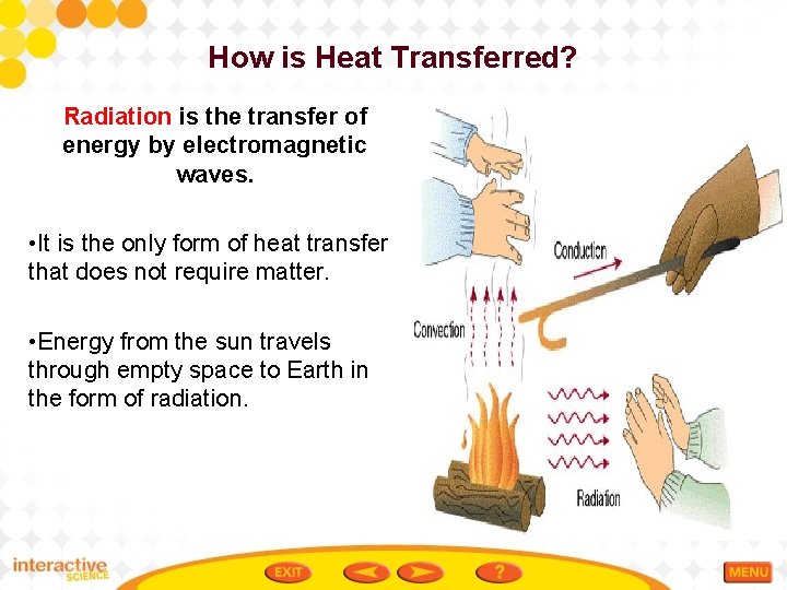 How is Heat Transferred? Radiation is the transfer of energy by electromagnetic waves. •