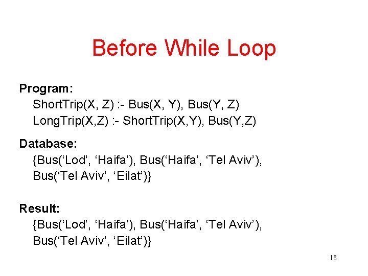 Before While Loop Program: Short. Trip(X, Z) : - Bus(X, Y), Bus(Y, Z) Long.