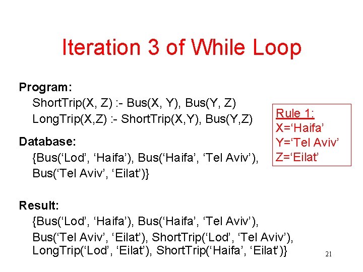 Iteration 3 of While Loop Program: Short. Trip(X, Z) : - Bus(X, Y), Bus(Y,