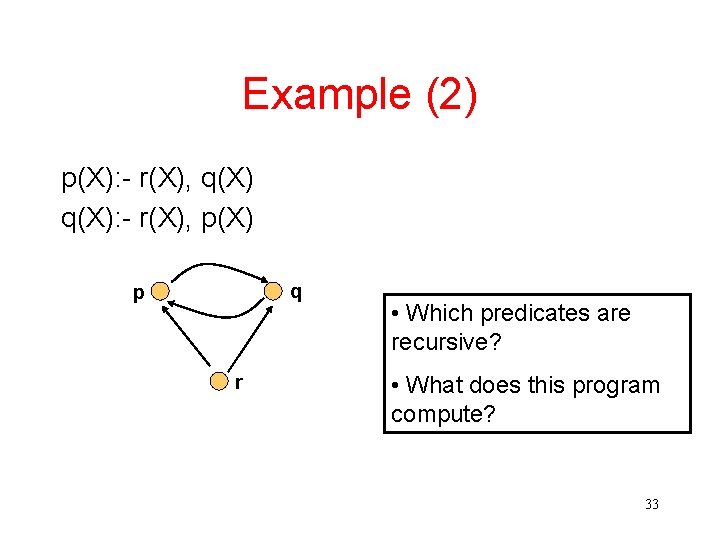 Example (2) p(X): - r(X), q(X): - r(X), p(X) q p r • Which