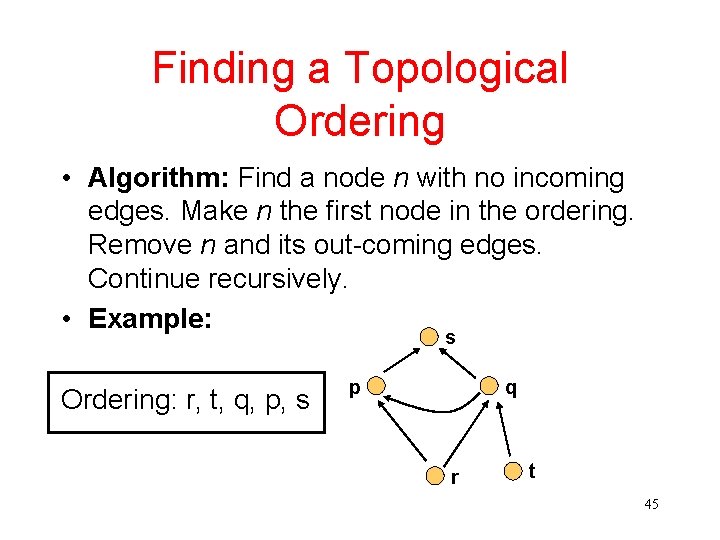 Finding a Topological Ordering • Algorithm: Find a node n with no incoming edges.