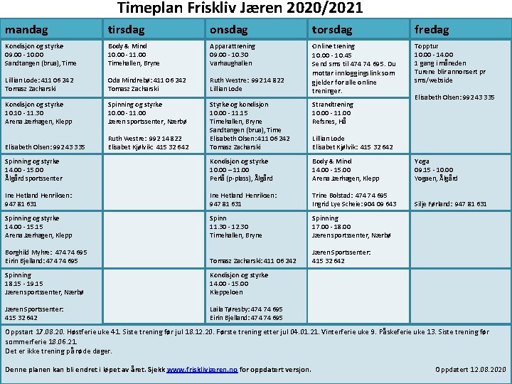 Timeplan Friskliv Jæren 2020/2021 mandag tirsdag onsdag torsdag fredag Kondisjon og styrke 09. 00